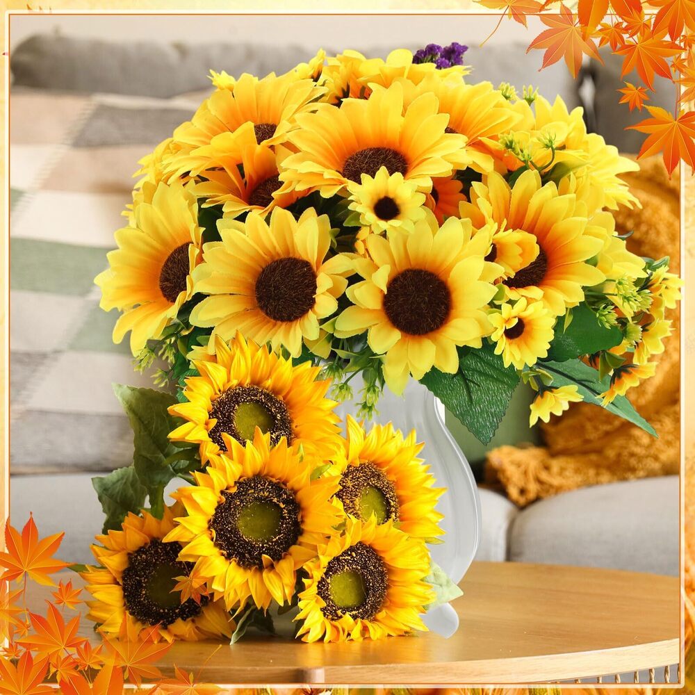 7013 12 Bundles Artificial Sunflowers with Stems Realistic Silk Sunflowers - Picture 5 of 7
